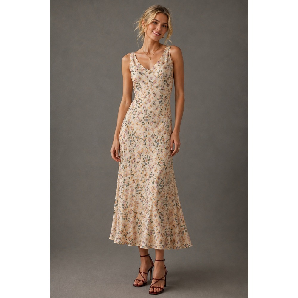 ROWE Women Floral Silk Cotton Blend V-Neck Sleeveless Maxi Slip Dress Size M